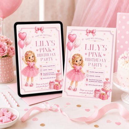 Pink Bow Birthday Invitation, Coquette Girly Party Invite, coquette bow invite, Pink bow 1st birthday invitation, Canva Template __etsy:8055838952