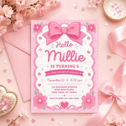 Pink Bow Birthday Invitation, Editable Coquette Birthday Party Invite, Elegant Canva Template, Girl’s Birthday Evite, Canva Digital __etsy:8076766553