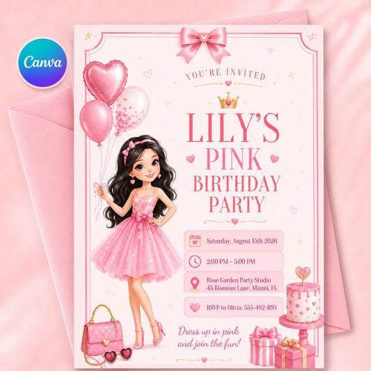 Pink Bow First Birthday Invite, Trendy Coquette Birthday Invite, Girly Birthday Invite, Our Little Wildflower Invite, Vintage Floral, Canva __etsy:8103806385