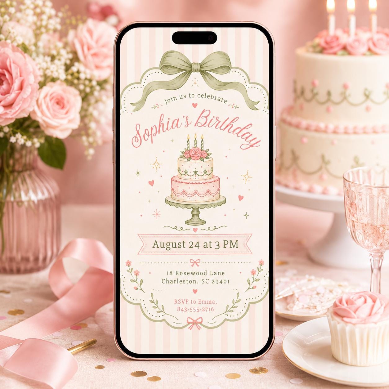 Pink Bow First Birthday Invite, Trendy Coquette Birthday Invite, Girly Birthday Invite, Our Little Wildflower Invite, Vintage Floral, Canva __etsy:8003745784