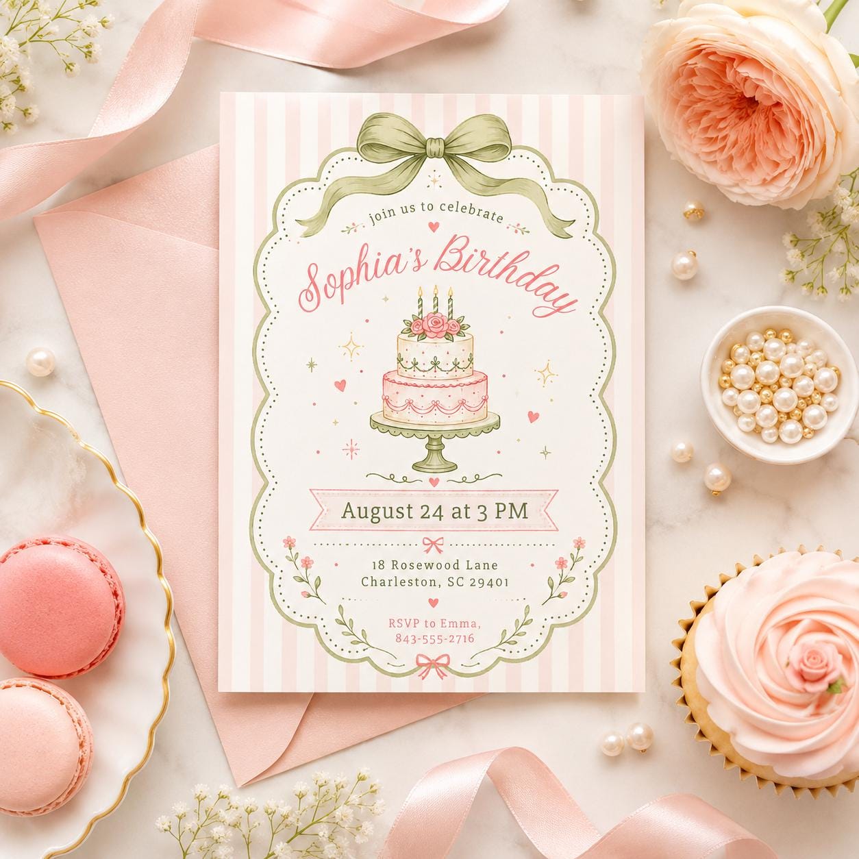 Pink Bow First Birthday Invite, Trendy Coquette Birthday Invite, Girly Birthday Invite, Our Little Wildflower Invite, Vintage Floral, Canva __etsy:8003745902