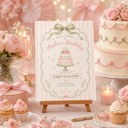Pink Bow First Birthday Invite, Trendy Coquette Birthday Invite, Girly Birthday Invite, Our Little Wildflower Invite, Vintage Floral, Canva __etsy:8003745904