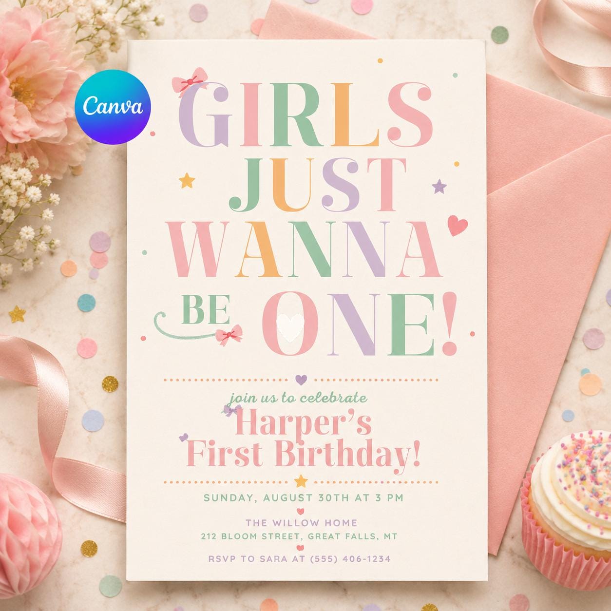Pink Bow 1st Birthday Invitation, Girls Just Wanna Be ONE, Coquette Girl Pink Ribbon Invite, Elegant Party EDITABLE. Canva Template __etsy:8059505628