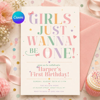 Pink Bow 1st Birthday Invitation, Girls Just Wanna Be ONE, Coquette Girl Pink Ribbon Invite, Elegant Party EDITABLE. Canva Template __etsy:8059505628