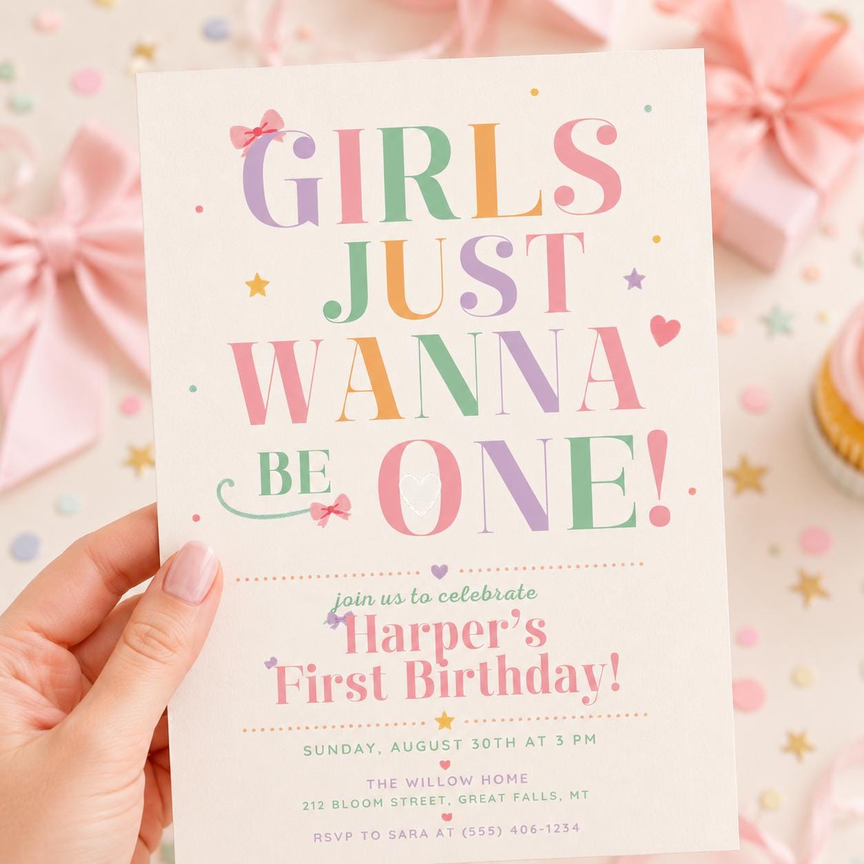Pink Bow 1st Birthday Invitation, Girls Just Wanna Be ONE, Coquette Girl Pink Ribbon Invite, Elegant Party EDITABLE. Canva Template __etsy:8107418913