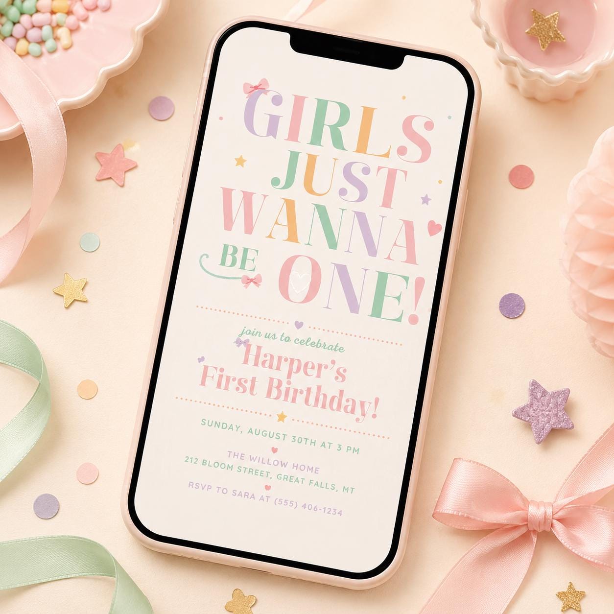 Pink Bow 1st Birthday Invitation, Girls Just Wanna Be ONE, Coquette Girl Pink Ribbon Invite, Elegant Party EDITABLE. Canva Template __etsy:8107418925