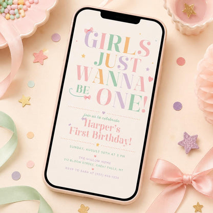 Pink Bow 1st Birthday Invitation, Girls Just Wanna Be ONE, Coquette Girl Pink Ribbon Invite, Elegant Party EDITABLE. Canva Template __etsy:8107418925