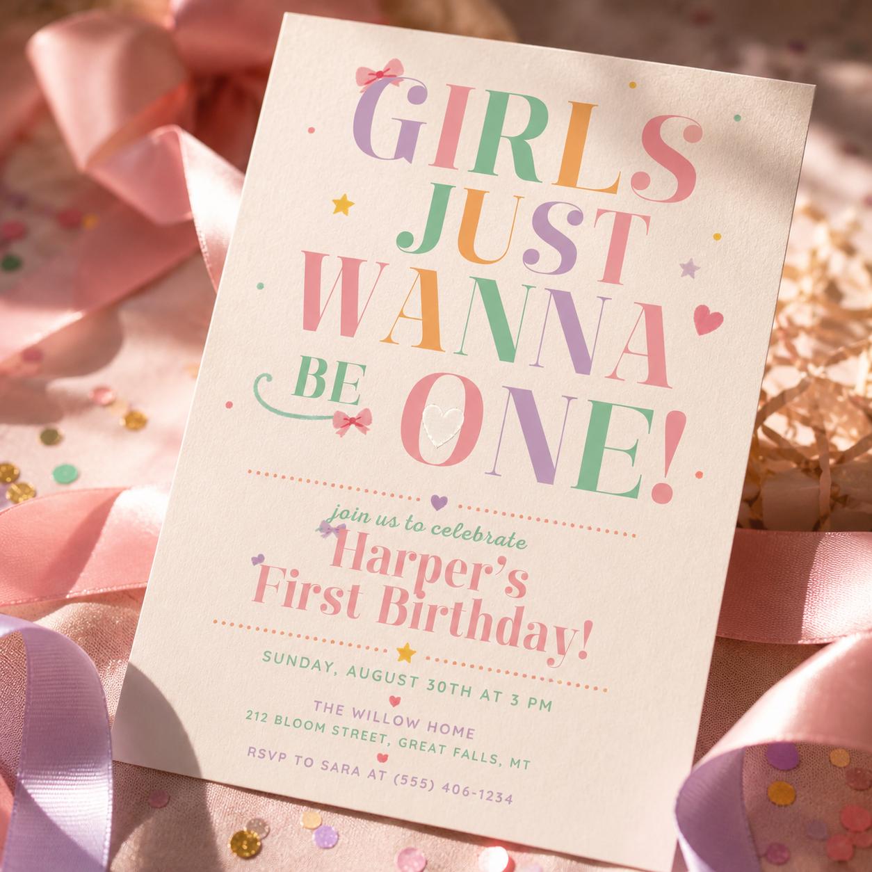 Pink Bow 1st Birthday Invitation, Girls Just Wanna Be ONE, Coquette Girl Pink Ribbon Invite, Elegant Party EDITABLE. Canva Template __etsy:8059505634