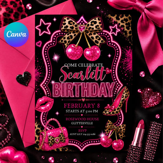 Pink Cherry Gingham Birthday Invitation, Cherry Birthday Invite, Pink Gingham Nostalgic Birthday Party, Editable Canva Template __etsy:8056383735