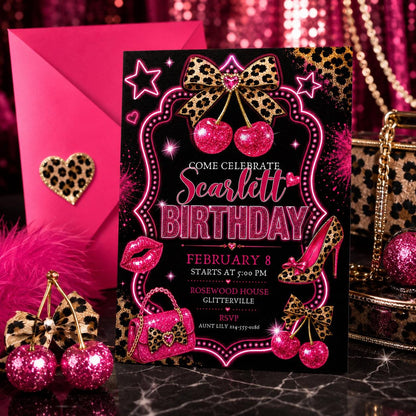 Pink Cherry Gingham Birthday Invitation, Cherry Birthday Invite, Pink Gingham Nostalgic Birthday Party, Editable Canva Template __etsy:8008456434
