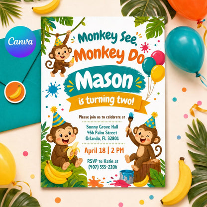 Pink Floral Monkey See Monkey Two Girl 2nd Birthday Invitation, Brown Monkey Jungle Animal Theme Second Birthday Party Invite Canva __etsy:8078426209