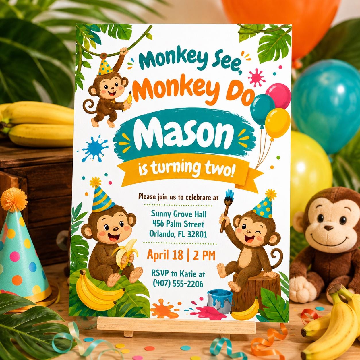 Pink Floral Monkey See Monkey Two Girl 2nd Birthday Invitation, Brown Monkey Jungle Animal Theme Second Birthday Party Invite Canva __etsy:8030514854