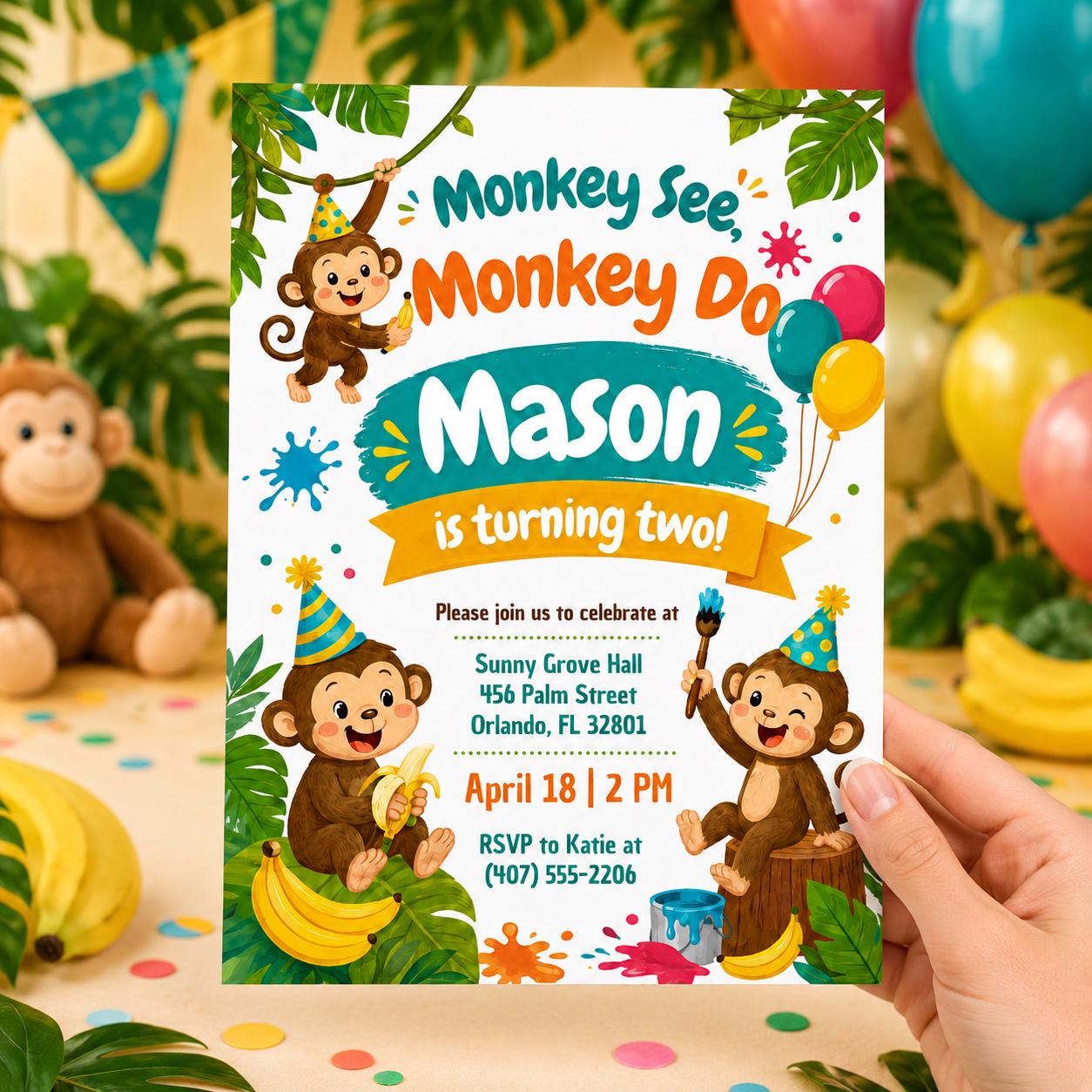 Pink Floral Monkey See Monkey Two Girl 2nd Birthday Invitation, Brown Monkey Jungle Animal Theme Second Birthday Party Invite Canva __etsy:8078422605