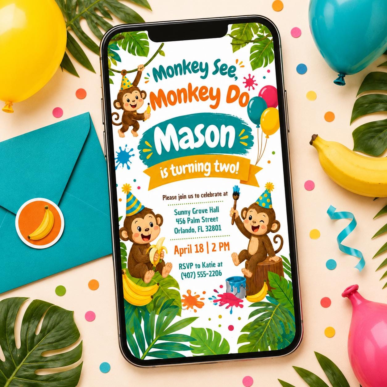 Pink Floral Monkey See Monkey Two Girl 2nd Birthday Invitation, Brown Monkey Jungle Animal Theme Second Birthday Party Invite Canva __etsy:8078422637