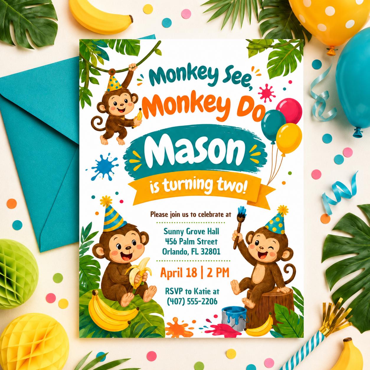Pink Floral Monkey See Monkey Two Girl 2nd Birthday Invitation, Brown Monkey Jungle Animal Theme Second Birthday Party Invite Canva __etsy:8030514880