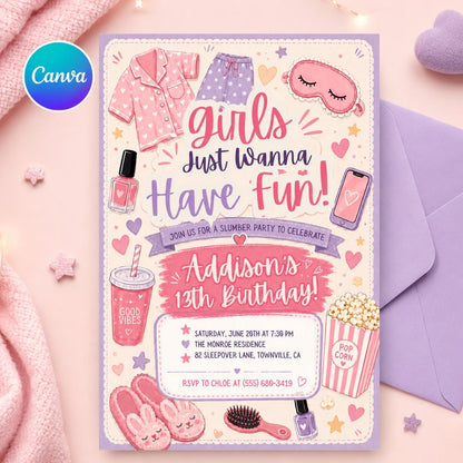 Pink Pajama Slumber Party Invitation, Girls Just Wanna Have Fun Birthday, Girls Slumber Party, Sleepover Party, Editable Canva Template __etsy:8059277814