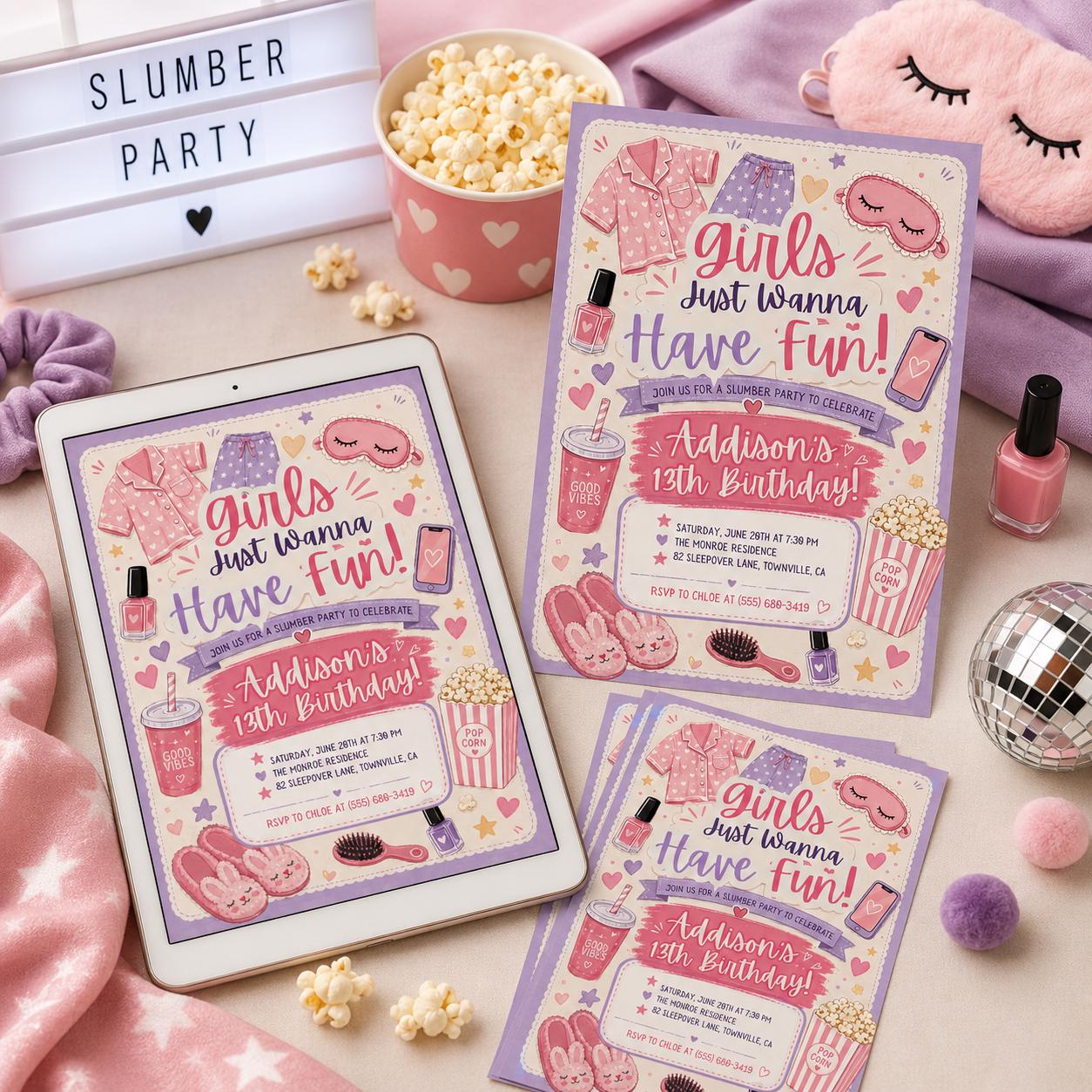 Pink Pajama Slumber Party Invitation, Girls Just Wanna Have Fun Birthday, Girls Slumber Party, Sleepover Party, Editable Canva Template __etsy:8059277840
