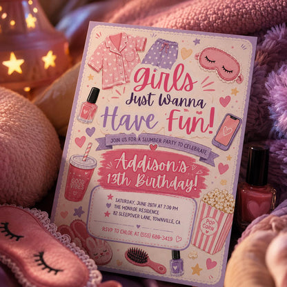 Pink Pajama Slumber Party Invitation, Girls Just Wanna Have Fun Birthday, Girls Slumber Party, Sleepover Party, Editable Canva Template __etsy:8107191059
