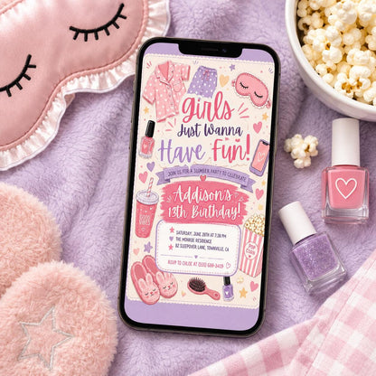 Pink Pajama Slumber Party Invitation, Girls Just Wanna Have Fun Birthday, Girls Slumber Party, Sleepover Party, Editable Canva Template __etsy:8107191061