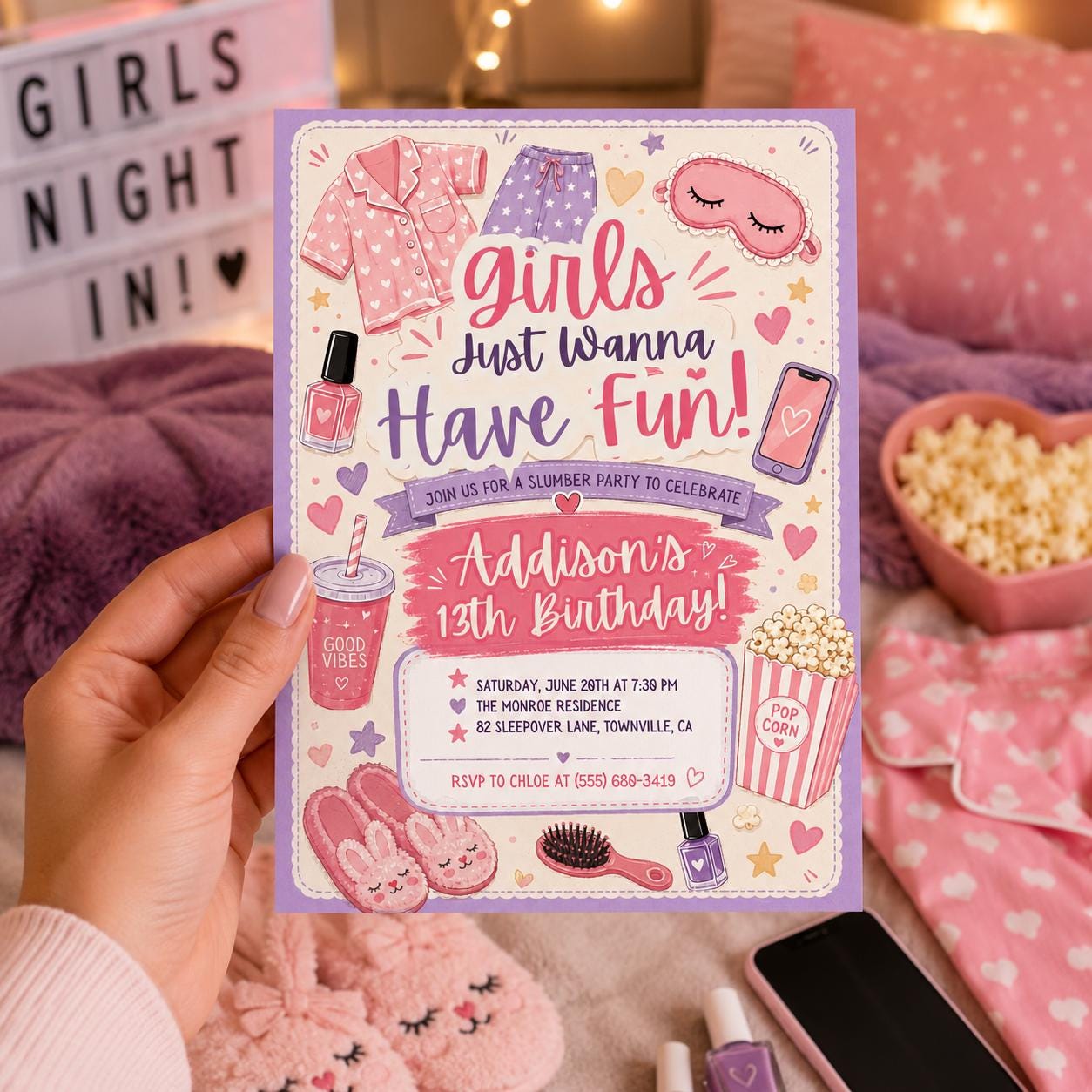 Pink Pajama Slumber Party Invitation, Girls Just Wanna Have Fun Birthday, Girls Slumber Party, Sleepover Party, Editable Canva Template __etsy:8059277872