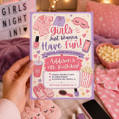 Pink Pajama Slumber Party Invitation, Girls Just Wanna Have Fun Birthday, Girls Slumber Party, Sleepover Party, Editable Canva Template __etsy:8059277872