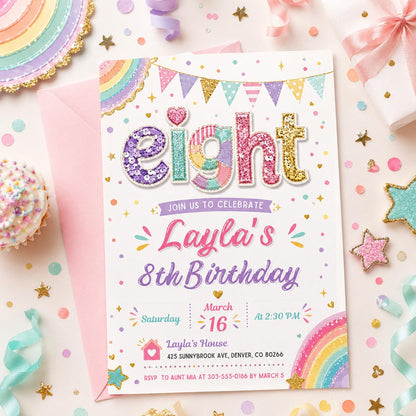 Pink Purple 8th Birthday Invitation, Rainbow Glitter Girl Birthday Party Invitation, Eight Glitter Birthday Girl Invitation, Editable Canva __etsy:8060757837