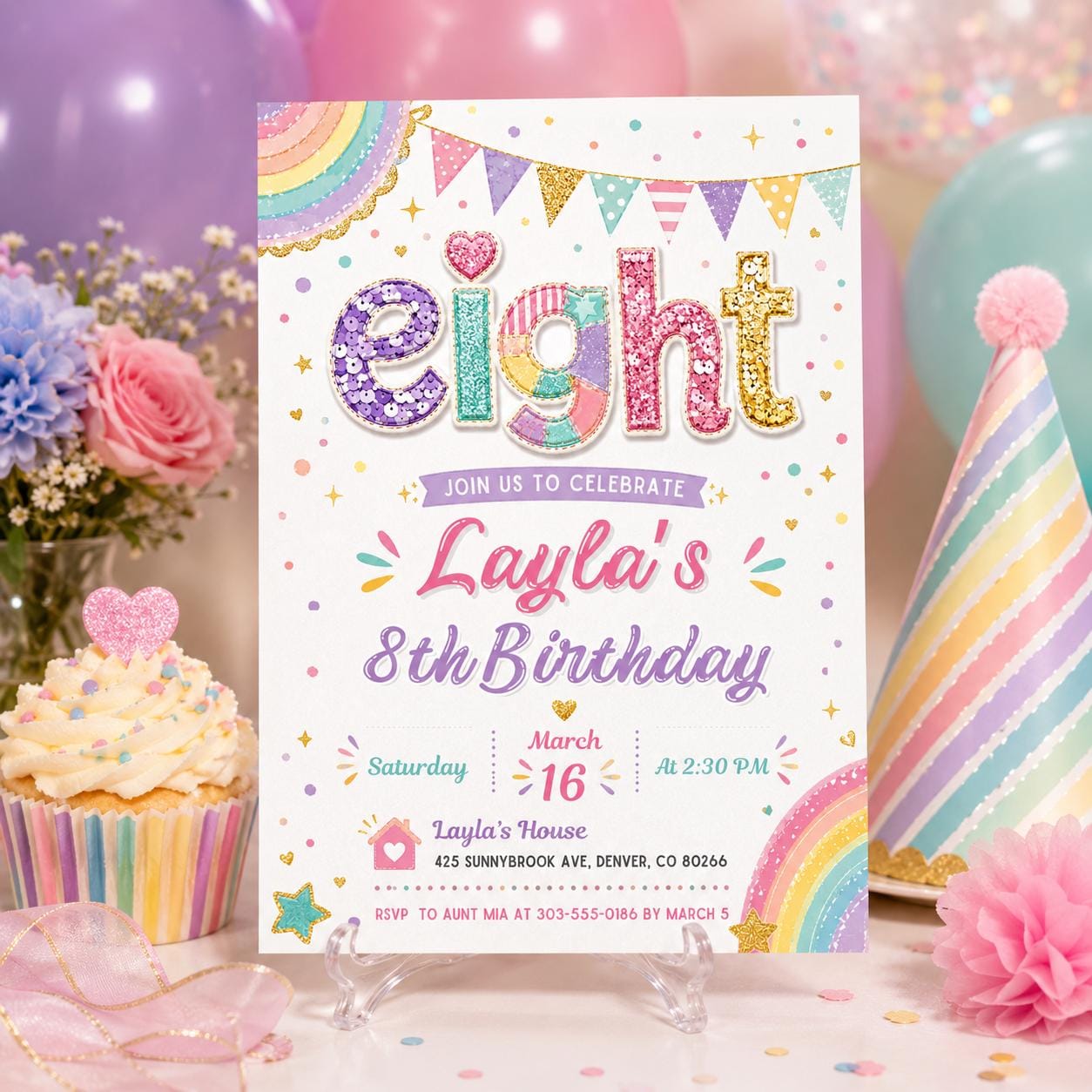 Pink Purple 8th Birthday Invitation, Rainbow Glitter Girl Birthday Party Invitation, Eight Glitter Birthday Girl Invitation, Editable Canva __etsy:8012847696
