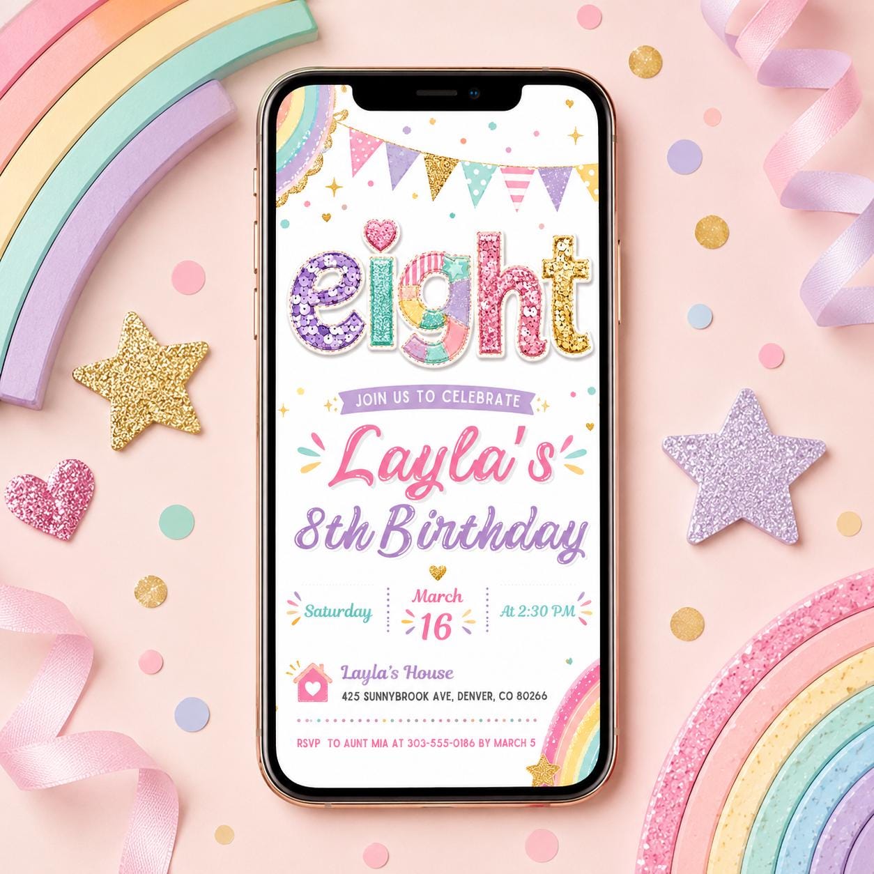 Pink Purple 8th Birthday Invitation, Rainbow Glitter Girl Birthday Party Invitation, Eight Glitter Birthday Girl Invitation, Editable Canva __etsy:8012848166