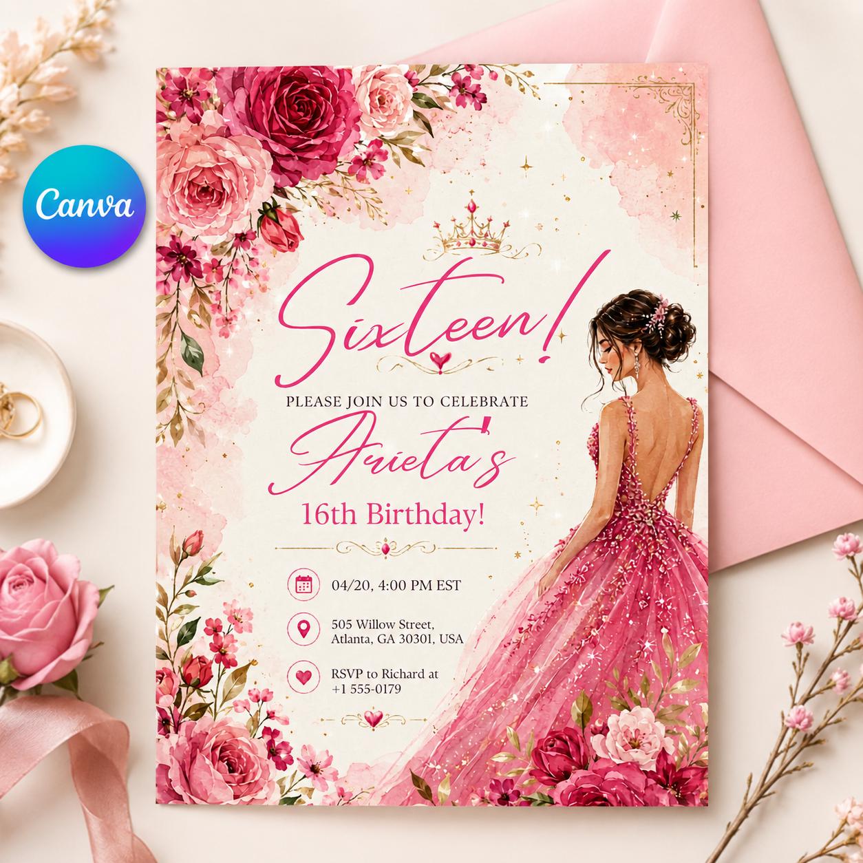 Pink Sweet 16 Birthday Invitation, Sweet Sixteen Party, Sweet Sixteen Rose Gold Balloon Birthday Invitation, Canva Template __etsy:8072093706