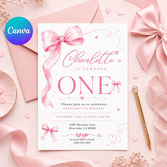 Pink bow 1st birthday invitation, Coquette first birthday party invitation, Canva Template __etsy:8043653681