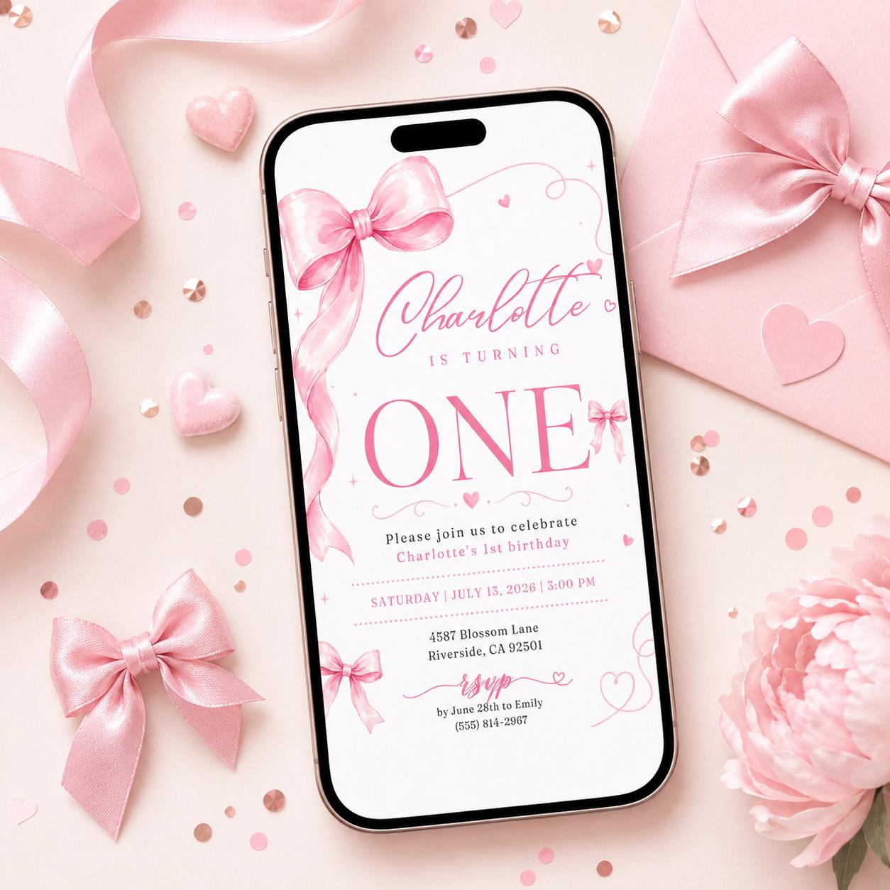 Pink bow 1st birthday invitation, Coquette first birthday party invitation, Canva Template __etsy:7995722596