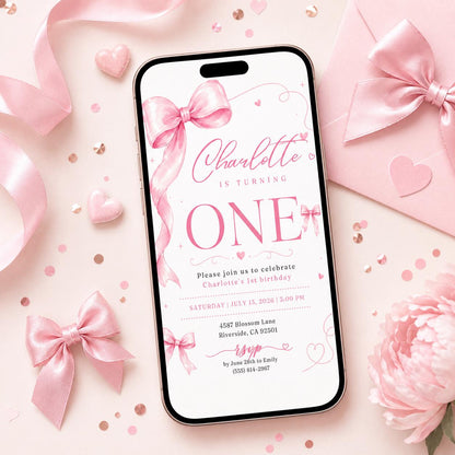 Pink bow 1st birthday invitation, Coquette first birthday party invitation, Canva Template __etsy:7995722596