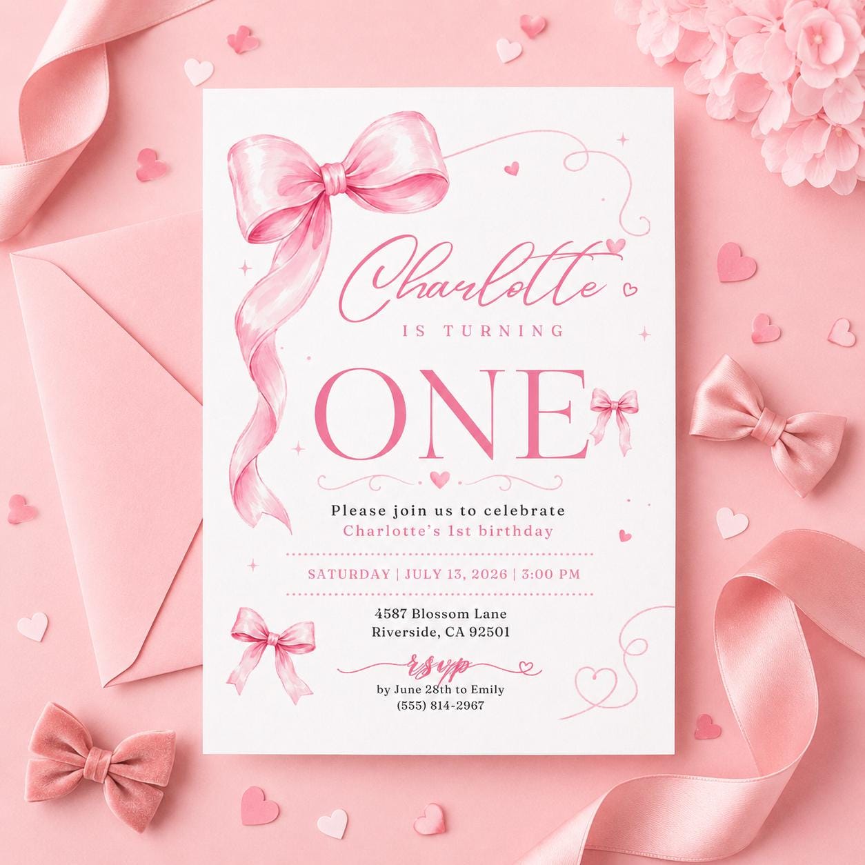 Pink bow 1st birthday invitation, Coquette first birthday party invitation, Canva Template __etsy:8043654965
