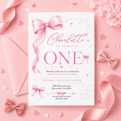 Pink bow 1st birthday invitation, Coquette first birthday party invitation, Canva Template __etsy:8043654965