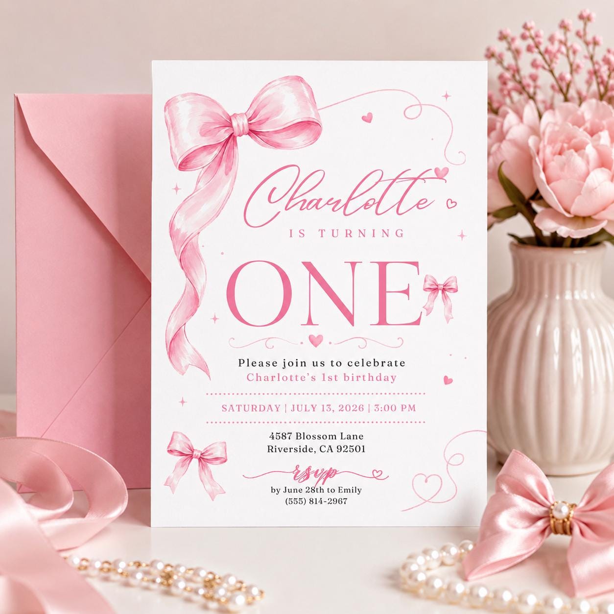 Pink bow 1st birthday invitation, Coquette first birthday party invitation, Canva Template __etsy:8043653695