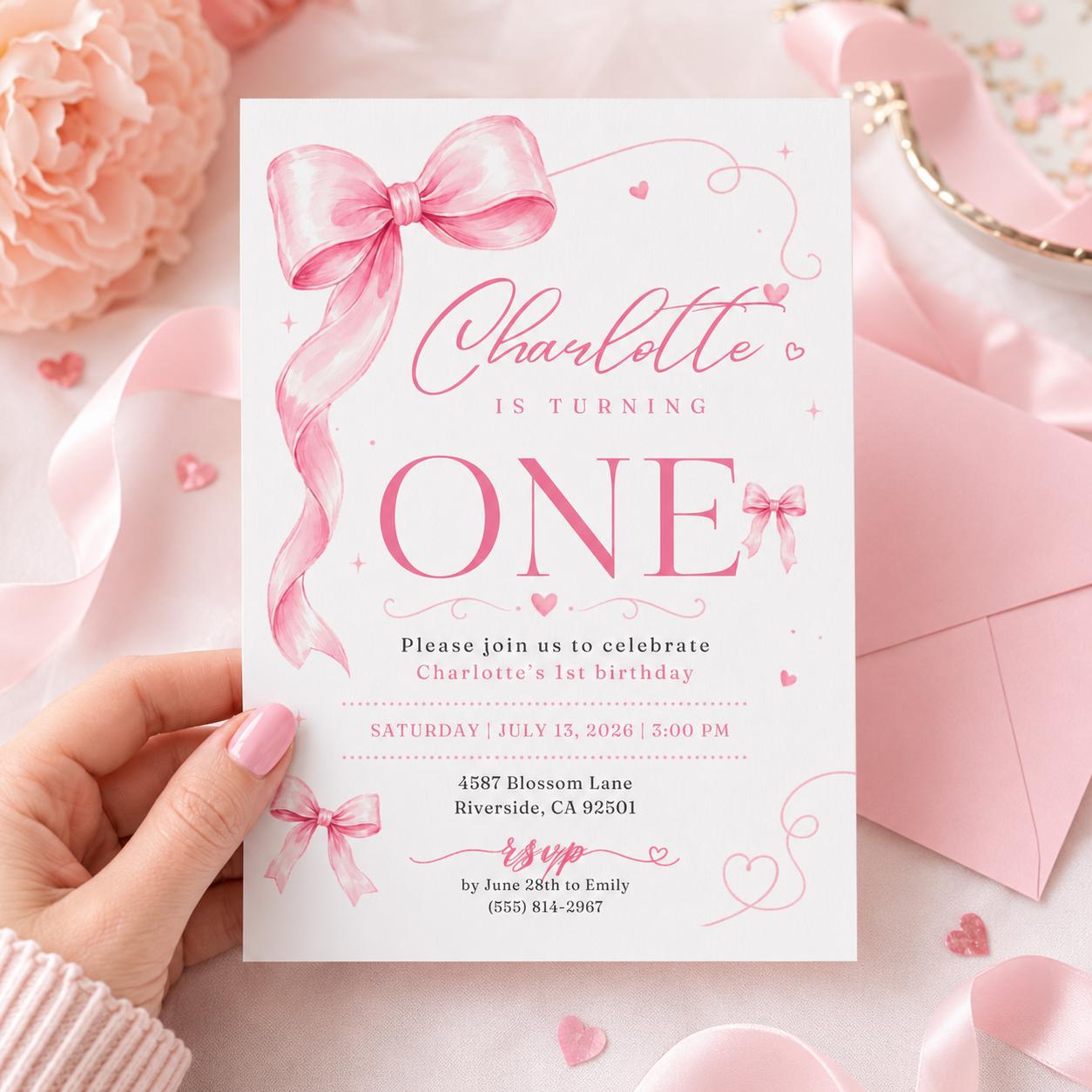 Pink bow 1st birthday invitation, Coquette first birthday party invitation, Canva Template __etsy:7995722584