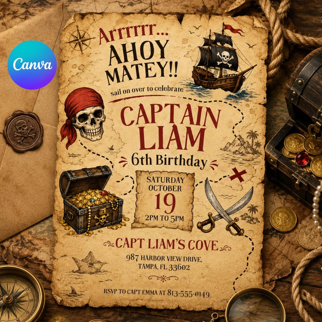 Pirate Birthday Invitation, Ahoy Matey Birthday Invite, Editable Canva Pirate Party Invitation, Treasure Hunt Birthday Invite __etsy:8056386041