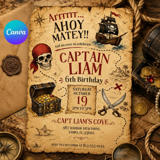 Pirate Birthday Invitation, Ahoy Matey Birthday Invite, Editable Canva Pirate Party Invitation, Treasure Hunt Birthday Invite __etsy:8056386041