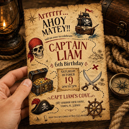 Pirate Birthday Invitation, Ahoy Matey Birthday Invite, Editable Canva Pirate Party Invitation, Treasure Hunt Birthday Invite __etsy:8008461280