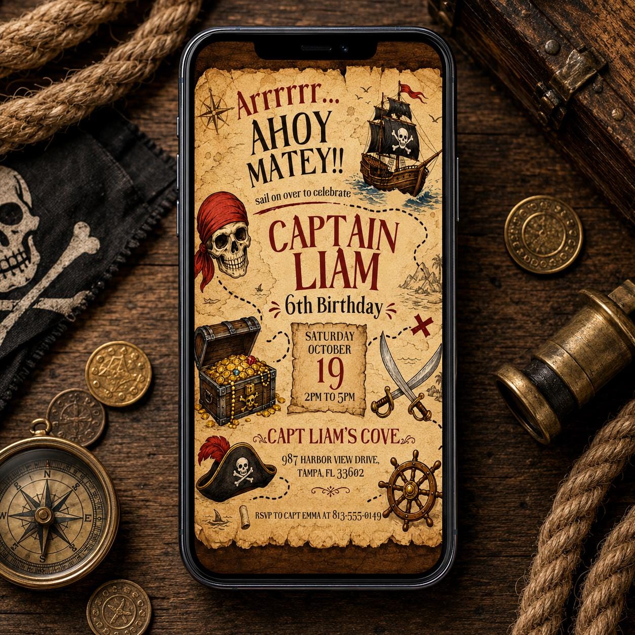 Pirate Birthday Invitation, Ahoy Matey Birthday Invite, Editable Canva Pirate Party Invitation, Treasure Hunt Birthday Invite __etsy:8008461278