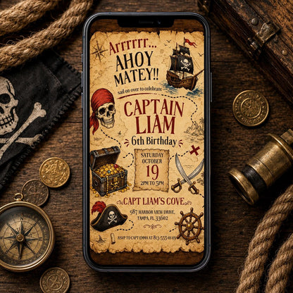 Pirate Birthday Invitation, Ahoy Matey Birthday Invite, Editable Canva Pirate Party Invitation, Treasure Hunt Birthday Invite __etsy:8008461278