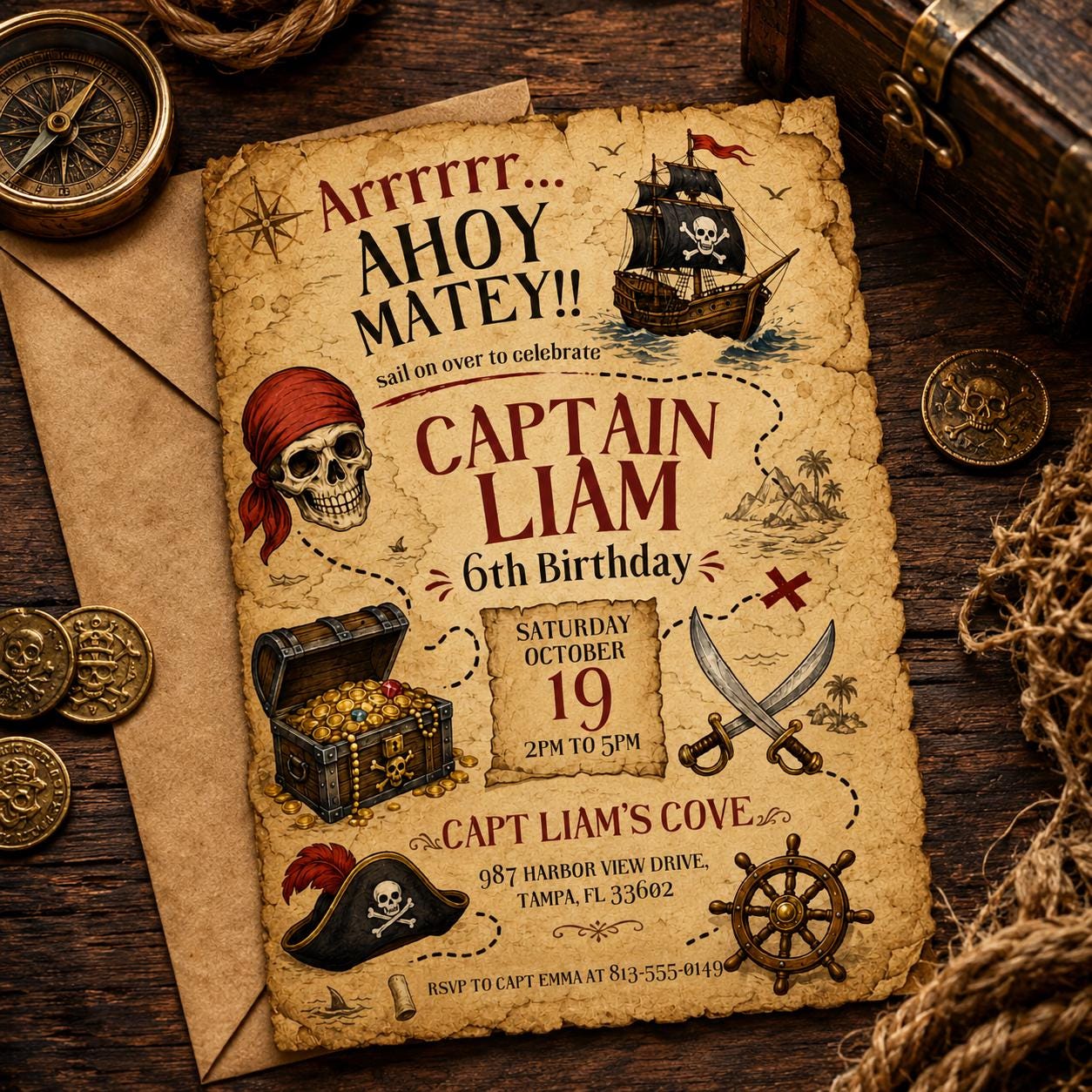 Pirate Birthday Invitation, Ahoy Matey Birthday Invite, Editable Canva Pirate Party Invitation, Treasure Hunt Birthday Invite __etsy:8056378545