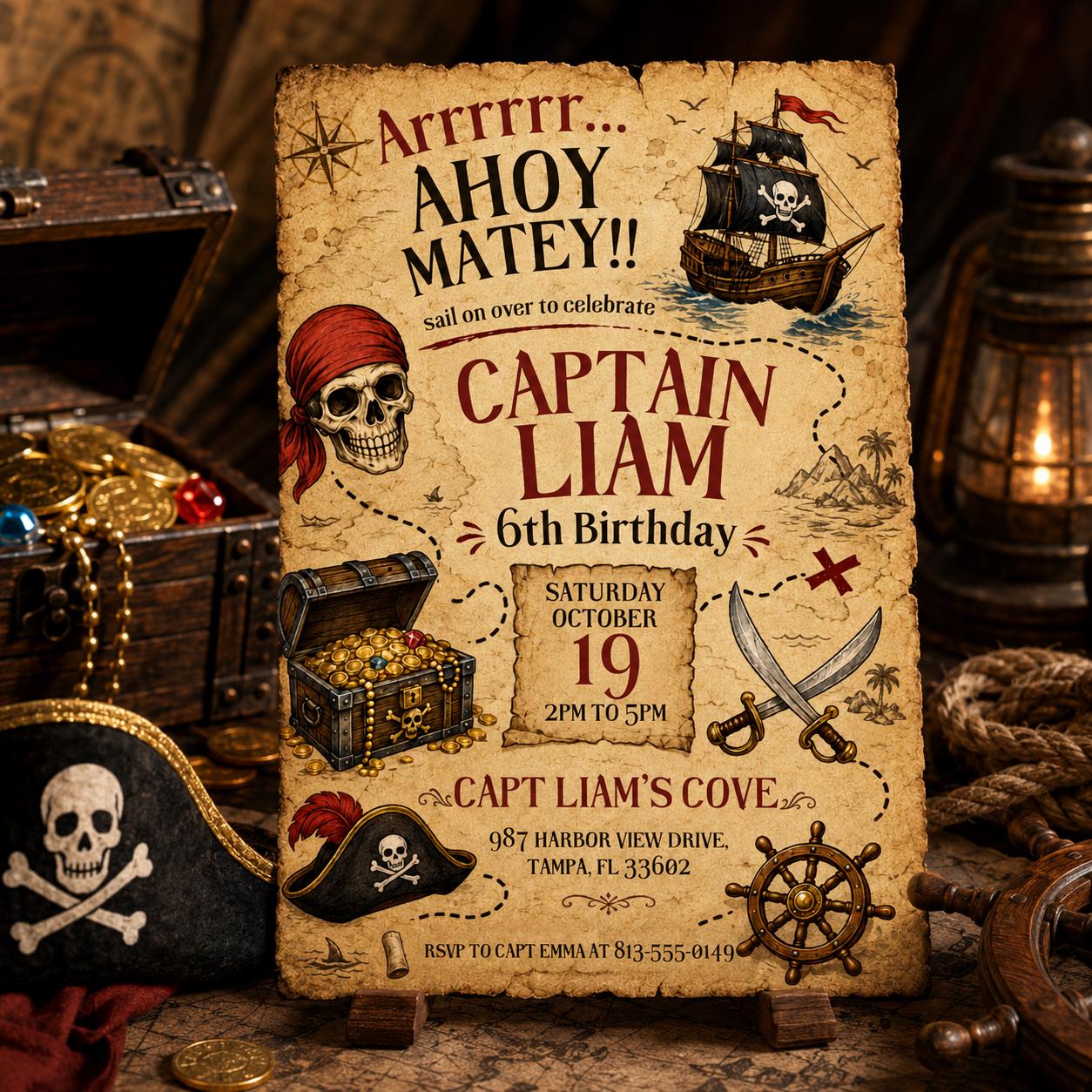 Pirate Birthday Invitation, Ahoy Matey Birthday Invite, Editable Canva Pirate Party Invitation, Treasure Hunt Birthday Invite __etsy:8056378553