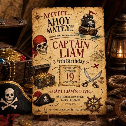 Pirate Birthday Invitation, Ahoy Matey Birthday Invite, Editable Canva Pirate Party Invitation, Treasure Hunt Birthday Invite __etsy:8056378553