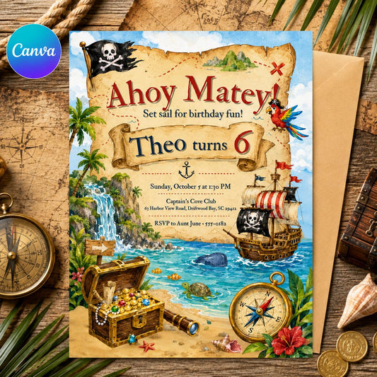 Pirate Birthday invite, Pirate Invitation, Ahoy Matey Birthday Party Invite, Ahoy Matey Birthday Invite, Treasure Hunt Birthday Invite Canva __etsy:8063179254