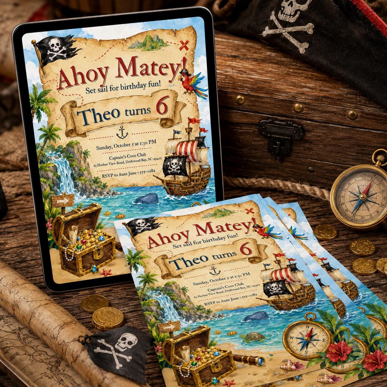 Pirate Birthday invite, Pirate Invitation, Ahoy Matey Birthday Party Invite, Ahoy Matey Birthday Invite, Treasure Hunt Birthday Invite Canva __etsy:8111097731