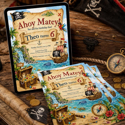 Pirate Birthday invite, Pirate Invitation, Ahoy Matey Birthday Party Invite, Ahoy Matey Birthday Invite, Treasure Hunt Birthday Invite Canva __etsy:8111097731