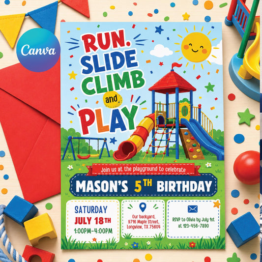 Playground Birthday Invitation, Bounce Indoor Playground, Jungle Gym Party Invite Template, Soft Play Climb, Outdoor Party, Editable Canva __etsy:8066506181