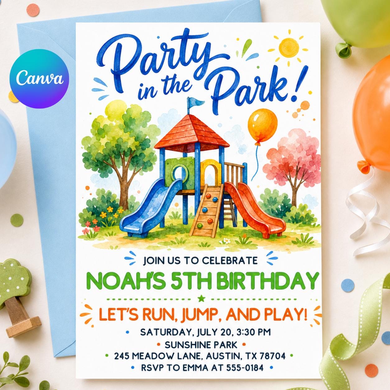 Playground Birthday Invitation, Party in the Park Outdoor Birthday Invite, Run Jump Slide Play, Playground Invite for Kids, Editable Canva __etsy:8035907047