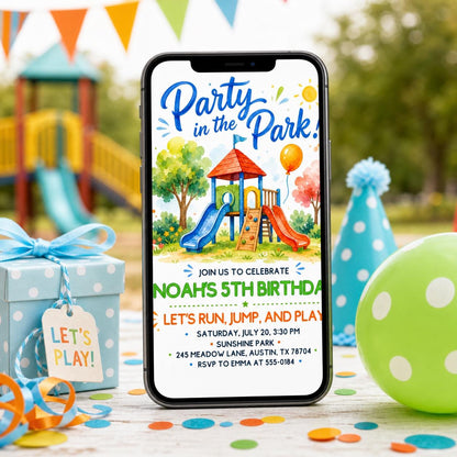 Playground Birthday Invitation, Party in the Park Outdoor Birthday Invite, Run Jump Slide Play, Playground Invite for Kids, Editable Canva __etsy:7984099404